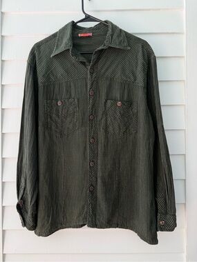 Vintage Avatar Green Striped Cotton Button Front Shirt Size Medium